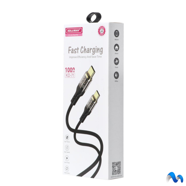 کابل شارژ فست Koluman Type-C to Type-C مدل KD-71 مشکی (گارانتی یکساله PMC) - تصویر 3
