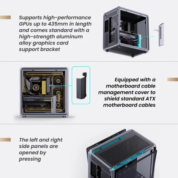 کیس JONSBO BO400 خاکستری | Full-Tower ATX، فریم آلومینیومی، طراحی 3 وجهی شیشه‌ای، پشتیبانی AIO 360mm - تصویر 4
