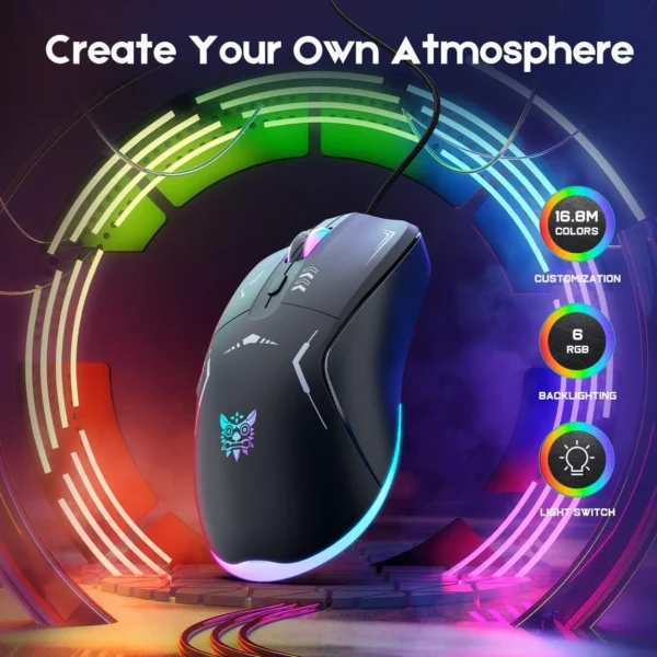 ماوس گیمینگ سیمی اونیکوما CW917 – DPI تا 3600، 6 دکمه، نورپردازی RGB، طراحی ارگونومیک برای PC و لپ‌تاپ - تصویر 2