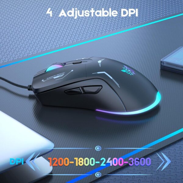 ماوس گیمینگ سیمی اونیکوما CW917 – DPI تا 3600، 6 دکمه، نورپردازی RGB، طراحی ارگونومیک برای PC و لپ‌تاپ - تصویر 4
