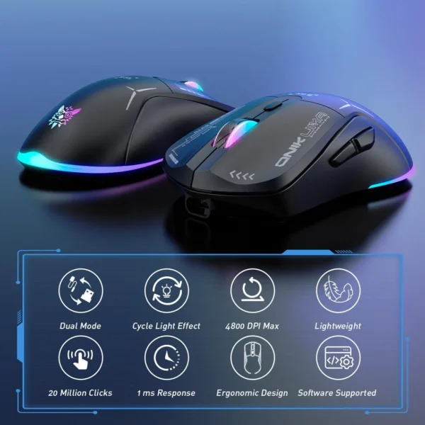 ماوس گیمینگ بی‌سیم و سیمی اونیکوما CW917 – DPI تا 4800، دو حالت اتصال، 6 دکمه، RGB، قابل شارژ برای PC و لپ‌تاپ - تصویر 5